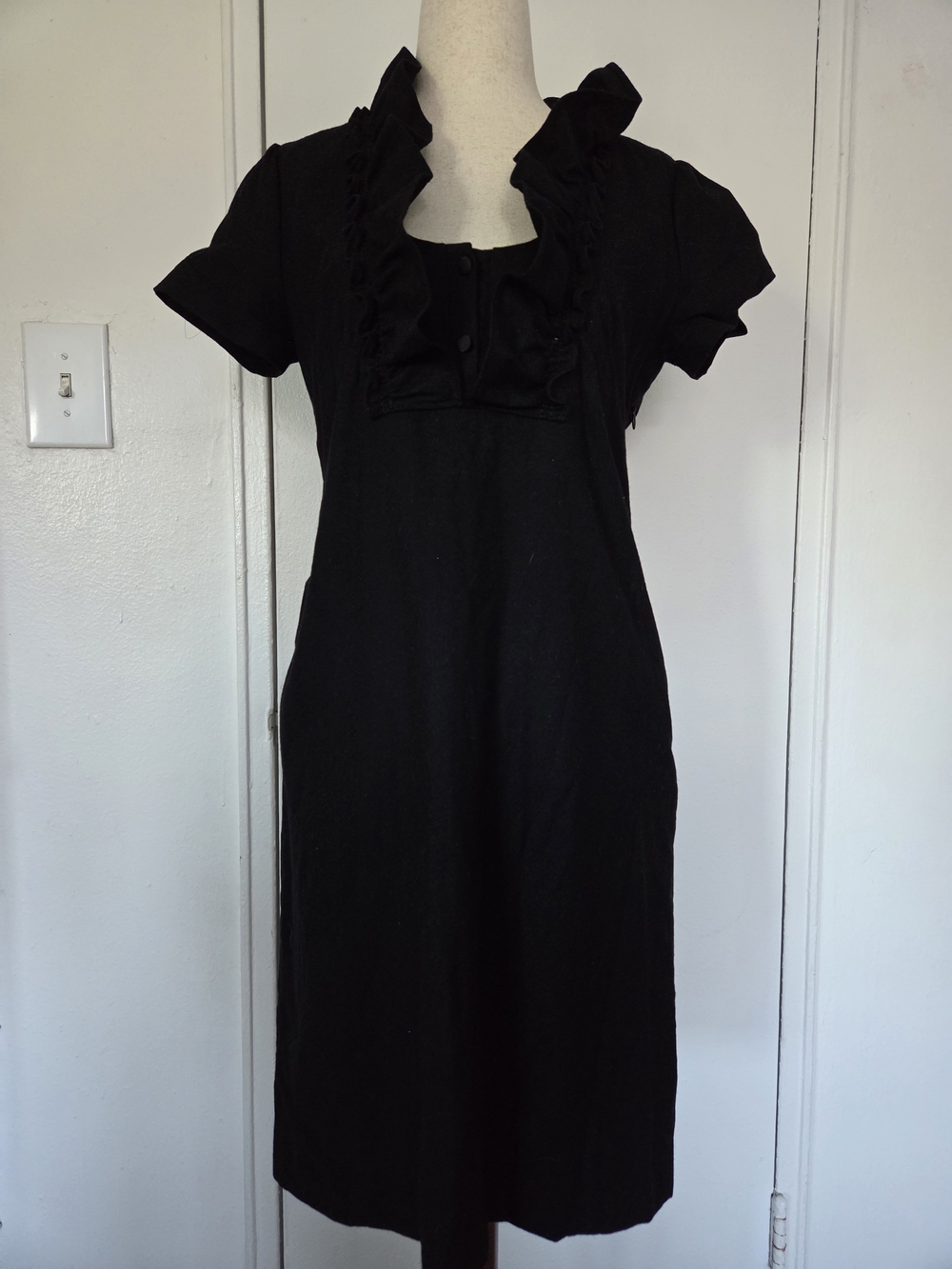 J. Crew Black Ruffle-Front Midi Dress with Short Sleeves